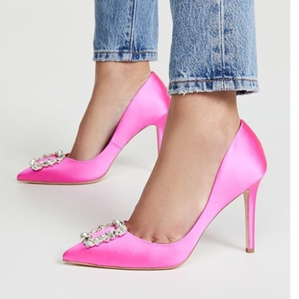 Badgley Mischka Vibrant Pink Satin Heels with Crystal Embellishments